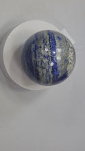 Load and play video in Gallery viewer, Fluorescent Lapis w Hackmanite Phlogopite Diopside 82mm Sphere UV Display 6216

